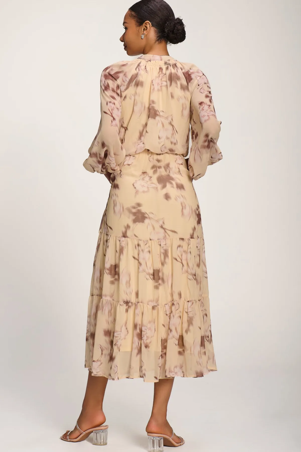 Jolie Moi Office Wear|Office Dresses-Chiffon Tie Neckline Midaxi Dress, Yellow Abstract