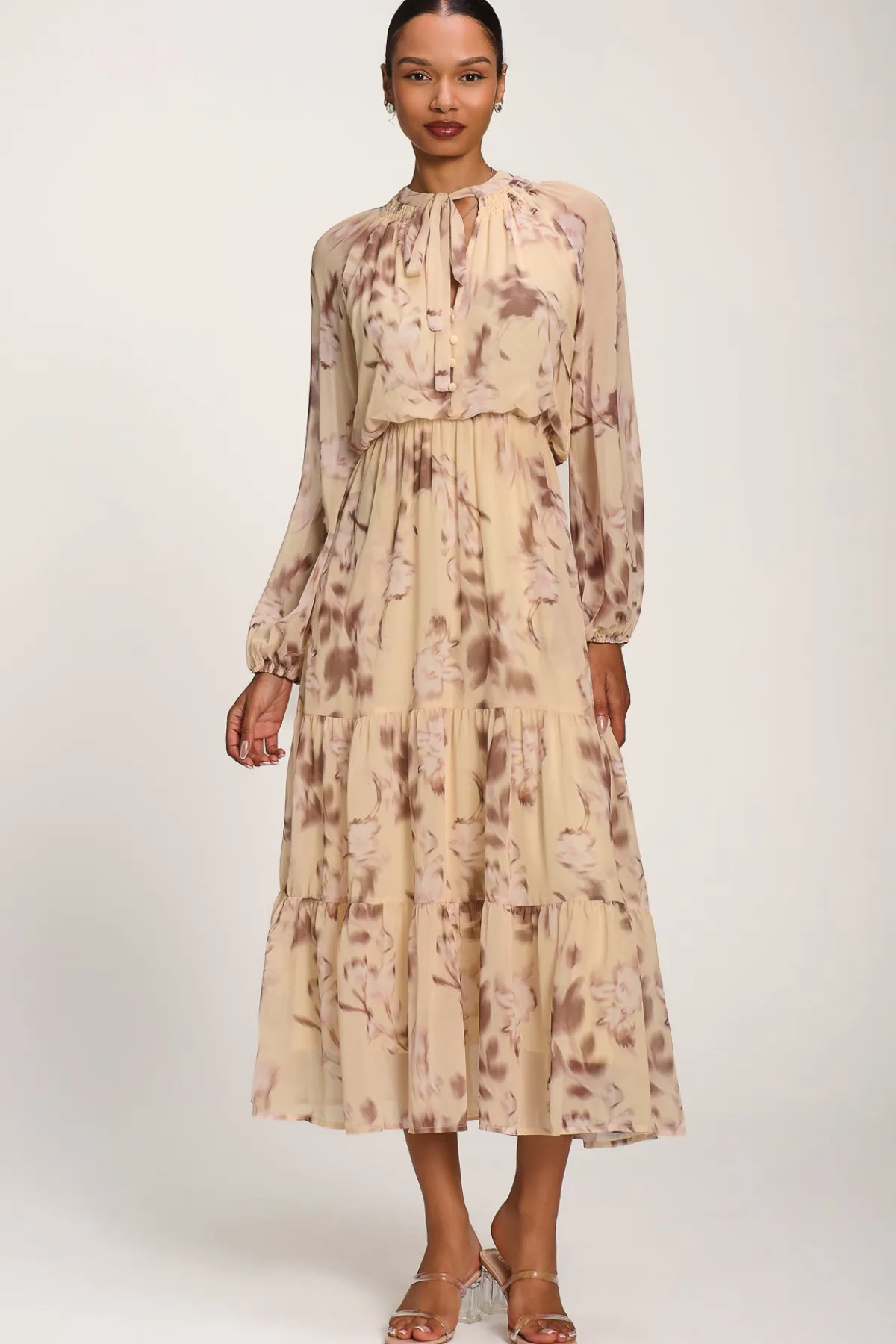 Jolie Moi Office Wear|Office Dresses-Chiffon Tie Neckline Midaxi Dress, Yellow Abstract