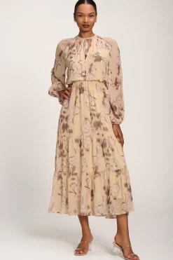 Jolie Moi Office Wear|Office Dresses-Chiffon Tie Neckline Midaxi Dress, Yellow Abstract