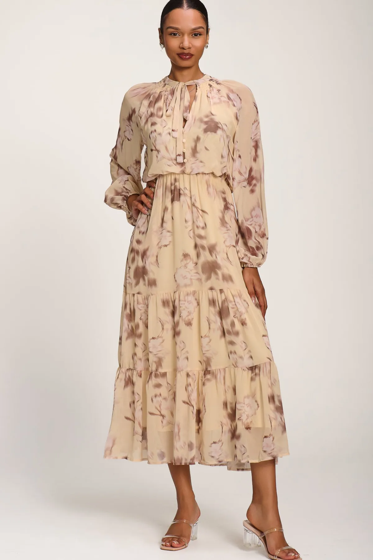 Jolie Moi Office Wear|Office Dresses-Chiffon Tie Neckline Midaxi Dress, Yellow Abstract