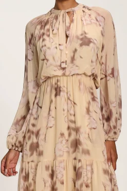 Jolie Moi Office Wear|Office Dresses-Chiffon Tie Neckline Midaxi Dress, Yellow Abstract