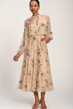 Jolie Moi Office Wear|Office Dresses-Chiffon Tie Neckline Midaxi Dress, Yellow Abstract