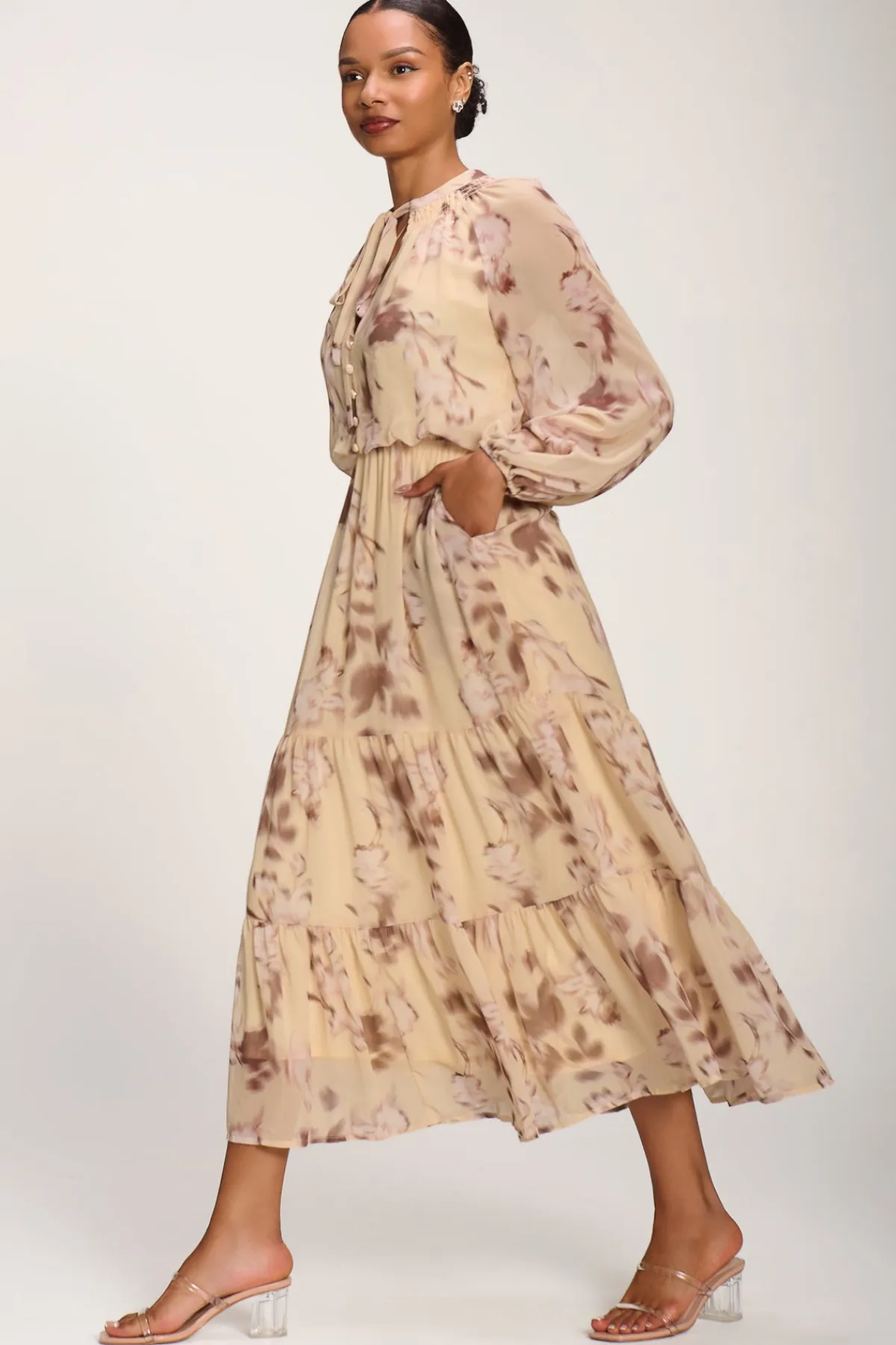 Jolie Moi Office Wear|Office Dresses-Chiffon Tie Neckline Midaxi Dress, Yellow Abstract