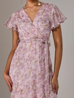 Jolie Moi Occasion Dresses|Floral Dresses-Chiffon Wrap Midi Dress, Pink Floral