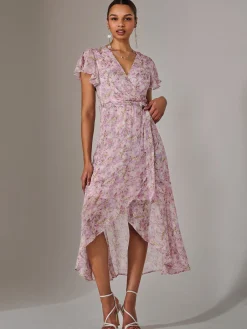 Jolie Moi Occasion Dresses|Floral Dresses-Chiffon Wrap Midi Dress, Pink Floral