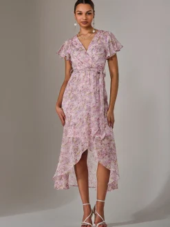 Jolie Moi Occasion Dresses|Floral Dresses-Chiffon Wrap Midi Dress, Pink Floral