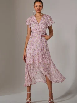Jolie Moi Occasion Dresses|Floral Dresses-Chiffon Wrap Midi Dress, Pink Floral