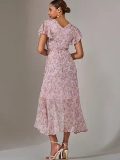 Jolie Moi Occasion Dresses|Floral Dresses-Chiffon Wrap Midi Dress, Pink Floral