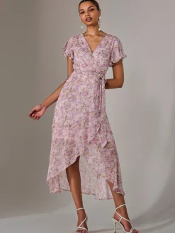 Jolie Moi Occasion Dresses|Floral Dresses-Chiffon Wrap Midi Dress, Pink Floral