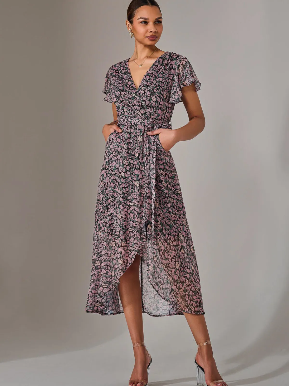 Jolie Moi Occasion Dresses|Floral Dresses-Chiffon Wrap Midi Dress, Pink Pattern