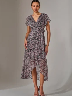 Jolie Moi Occasion Dresses|Floral Dresses-Chiffon Wrap Midi Dress, Pink Pattern