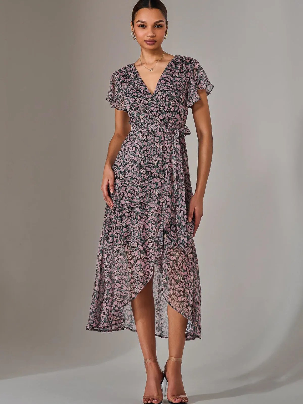 Jolie Moi Occasion Dresses|Floral Dresses-Chiffon Wrap Midi Dress, Pink Pattern