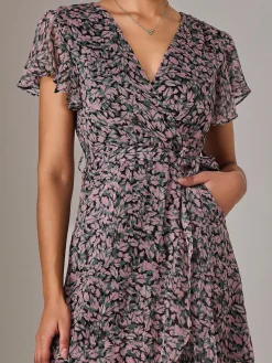 Jolie Moi Occasion Dresses|Floral Dresses-Chiffon Wrap Midi Dress, Pink Pattern