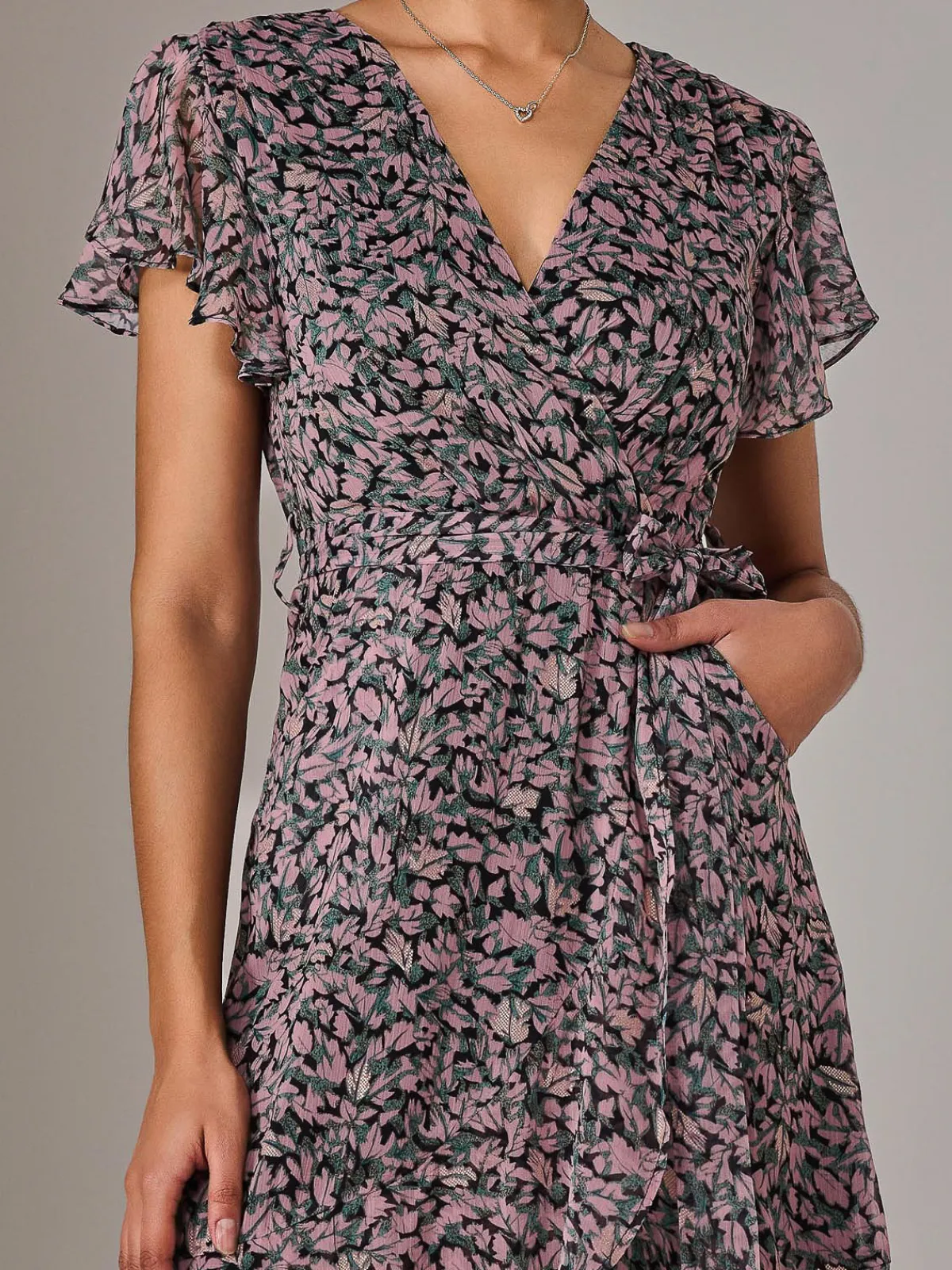 Jolie Moi Occasion Dresses|Floral Dresses-Chiffon Wrap Midi Dress, Pink Pattern