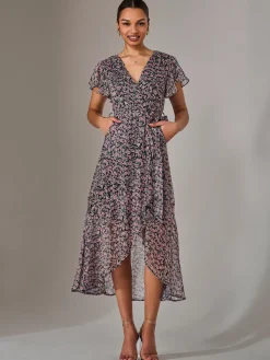 Jolie Moi Occasion Dresses|Floral Dresses-Chiffon Wrap Midi Dress, Pink Pattern