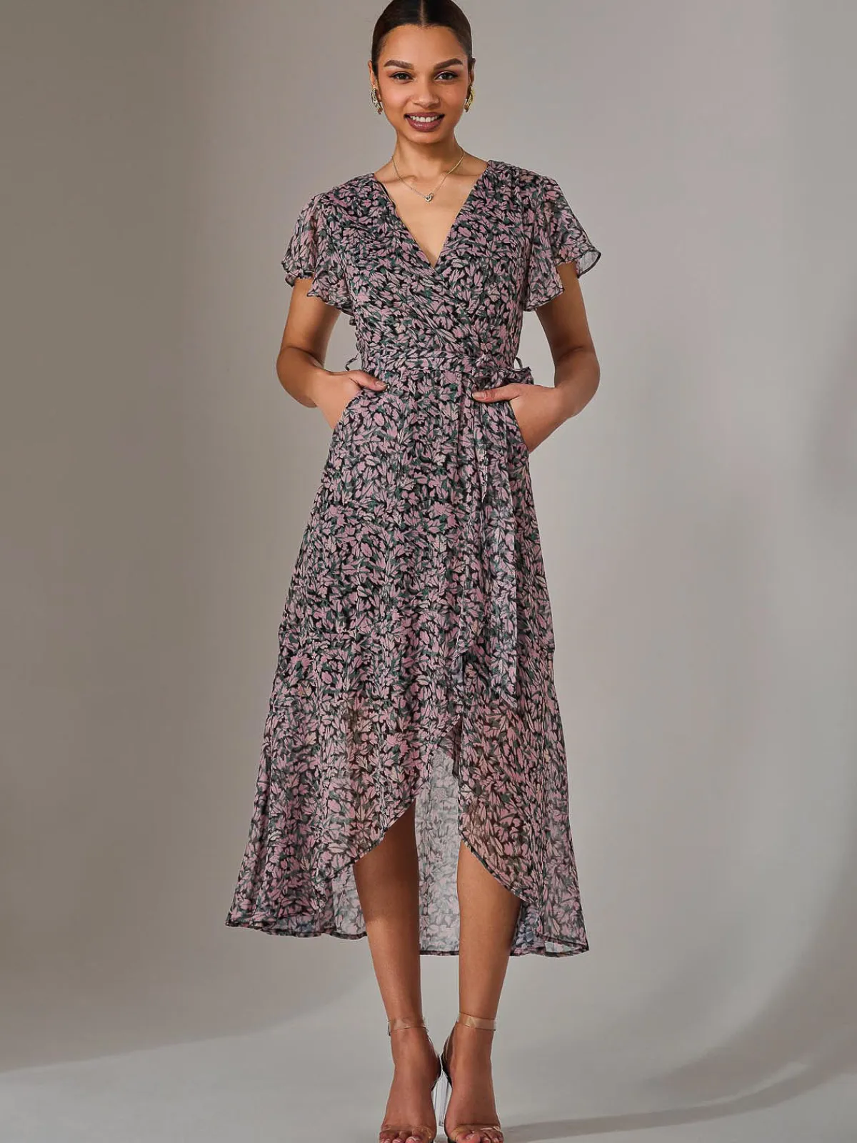 Jolie Moi Occasion Dresses|Floral Dresses-Chiffon Wrap Midi Dress, Pink Pattern