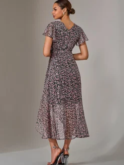 Jolie Moi Occasion Dresses|Floral Dresses-Chiffon Wrap Midi Dress, Pink Pattern