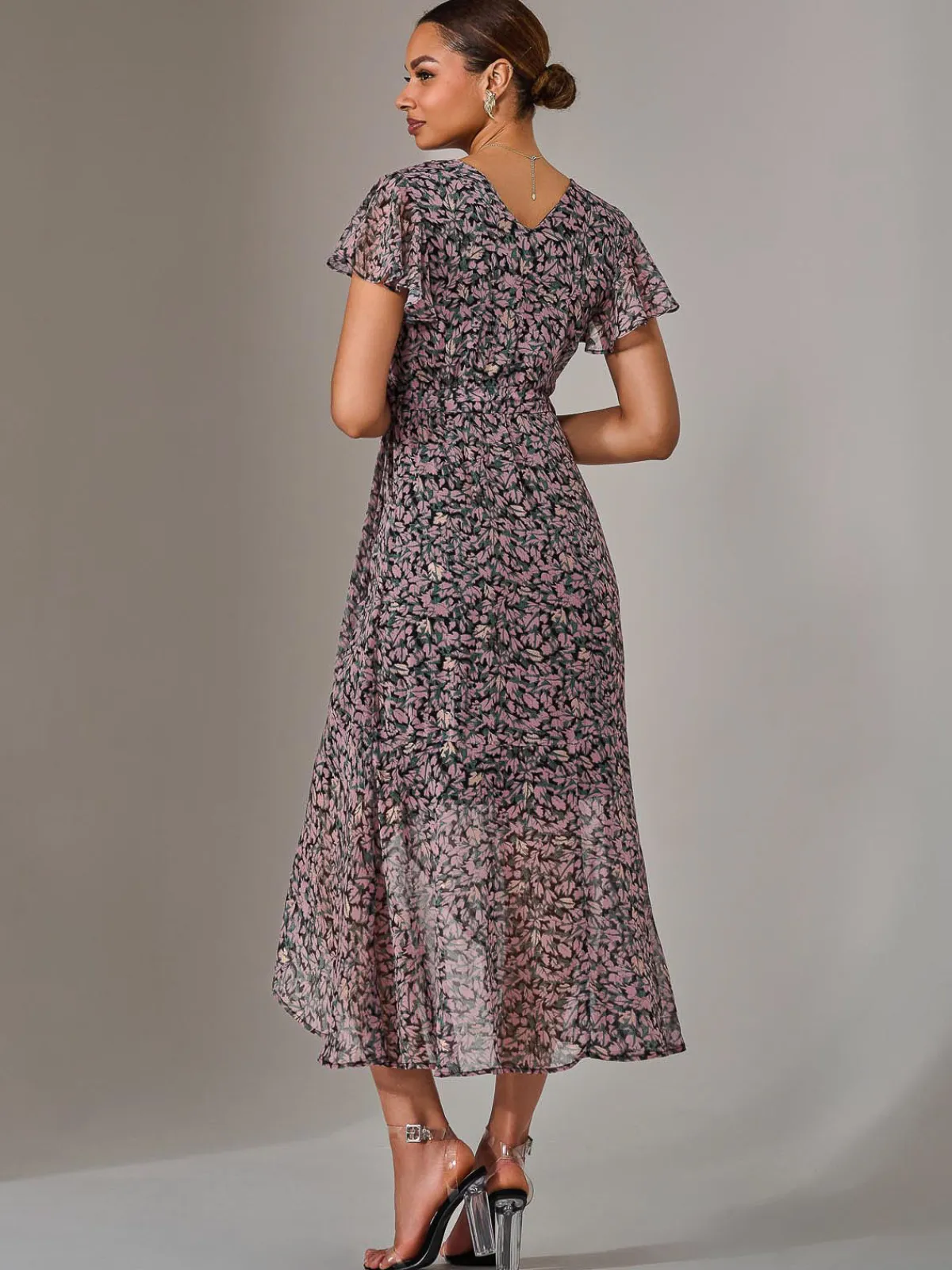 Jolie Moi Occasion Dresses|Floral Dresses-Chiffon Wrap Midi Dress, Pink Pattern