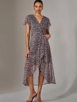 Jolie Moi Occasion Dresses|Floral Dresses-Chiffon Wrap Midi Dress, Pink Pattern