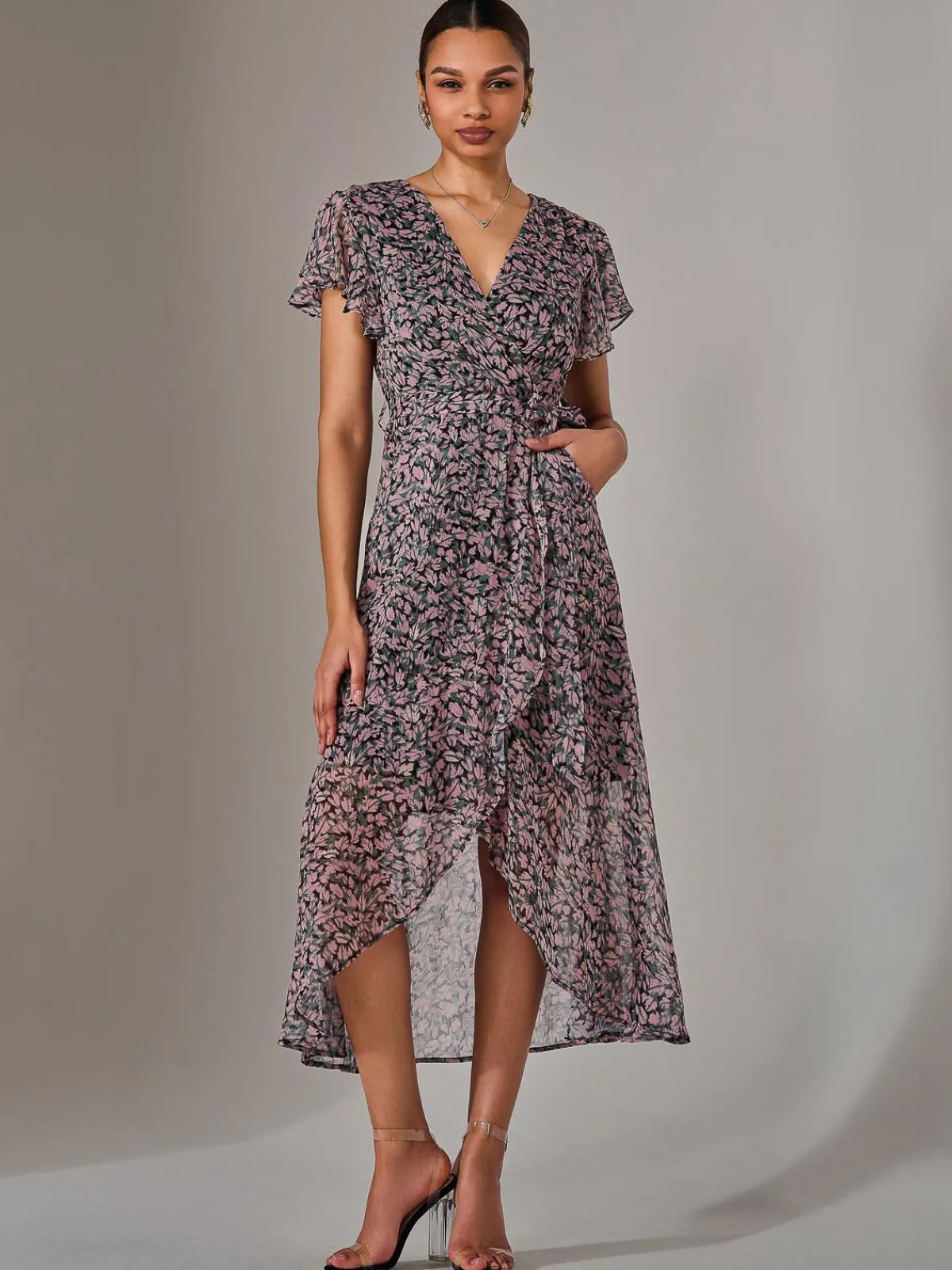 Jolie Moi Occasion Dresses|Floral Dresses-Chiffon Wrap Midi Dress, Pink Pattern