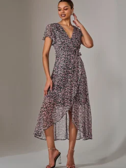 Jolie Moi Occasion Dresses|Floral Dresses-Chiffon Wrap Midi Dress, Pink Pattern
