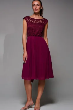 Jolie Moi Occasion Dresses|Mother Of The Bride-Cindy Lace Bodice Pleated Dress, Burgundy