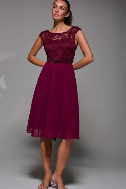 Jolie Moi Occasion Dresses|Mother Of The Bride-Cindy Lace Bodice Pleated Dress, Burgundy