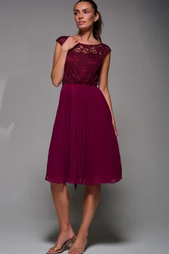 Jolie Moi Occasion Dresses|Mother Of The Bride-Cindy Lace Bodice Pleated Dress, Burgundy