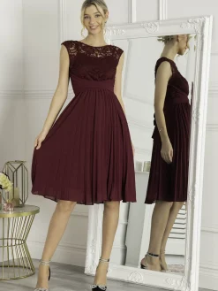 Jolie Moi Occasion Dresses|Mother Of The Bride-Cindy Lace Bodice Pleated Dress, Burgundy