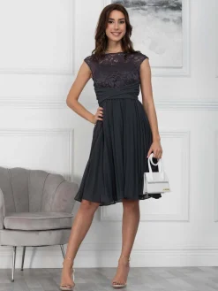 Jolie Moi Occasion Dresses|Signature Lace-Cindy Lace Bodice Pleated Dress, Dark Grey