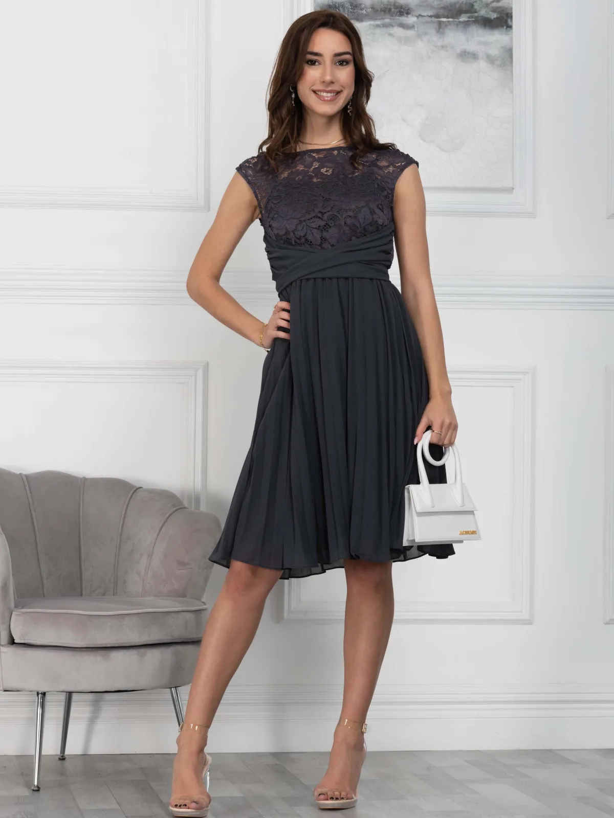 Jolie Moi Occasion Dresses|Signature Lace-Cindy Lace Bodice Pleated Dress, Dark Grey