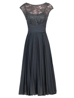 Jolie Moi Occasion Dresses|Signature Lace-Cindy Lace Bodice Pleated Dress, Dark Grey