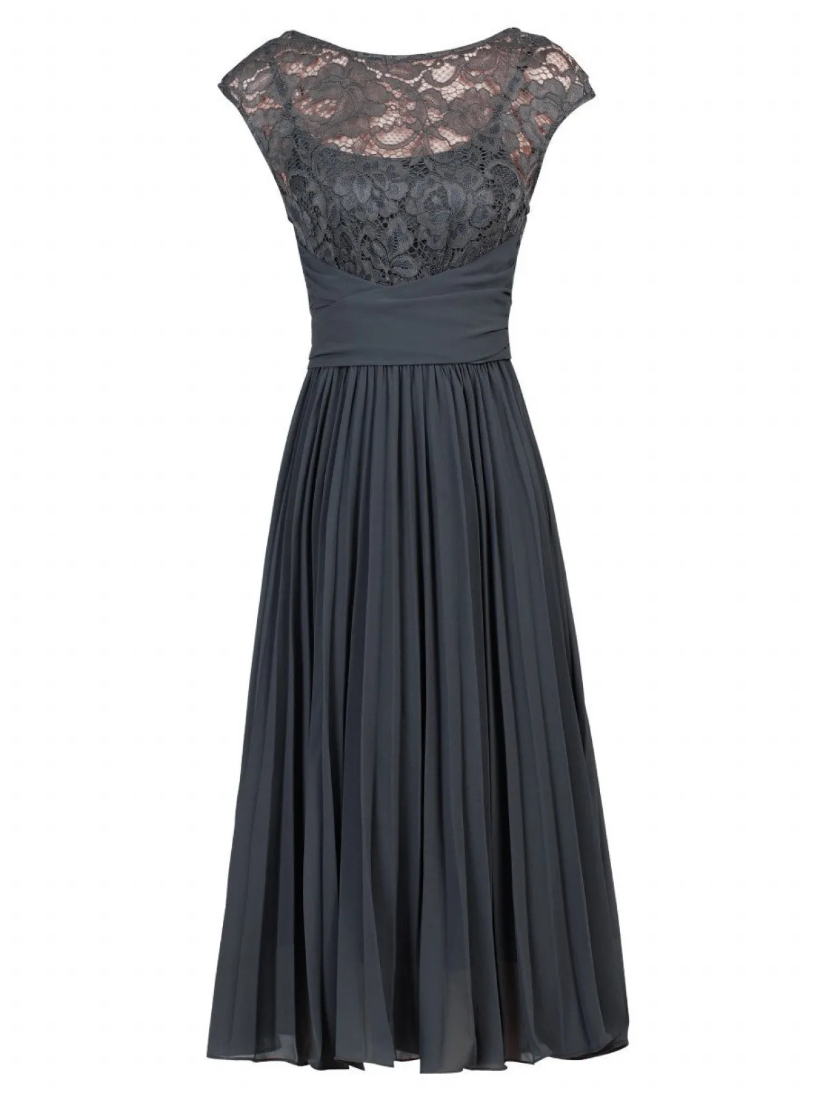 Jolie Moi Occasion Dresses|Signature Lace-Cindy Lace Bodice Pleated Dress, Dark Grey