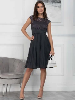 Jolie Moi Occasion Dresses|Signature Lace-Cindy Lace Bodice Pleated Dress, Dark Grey