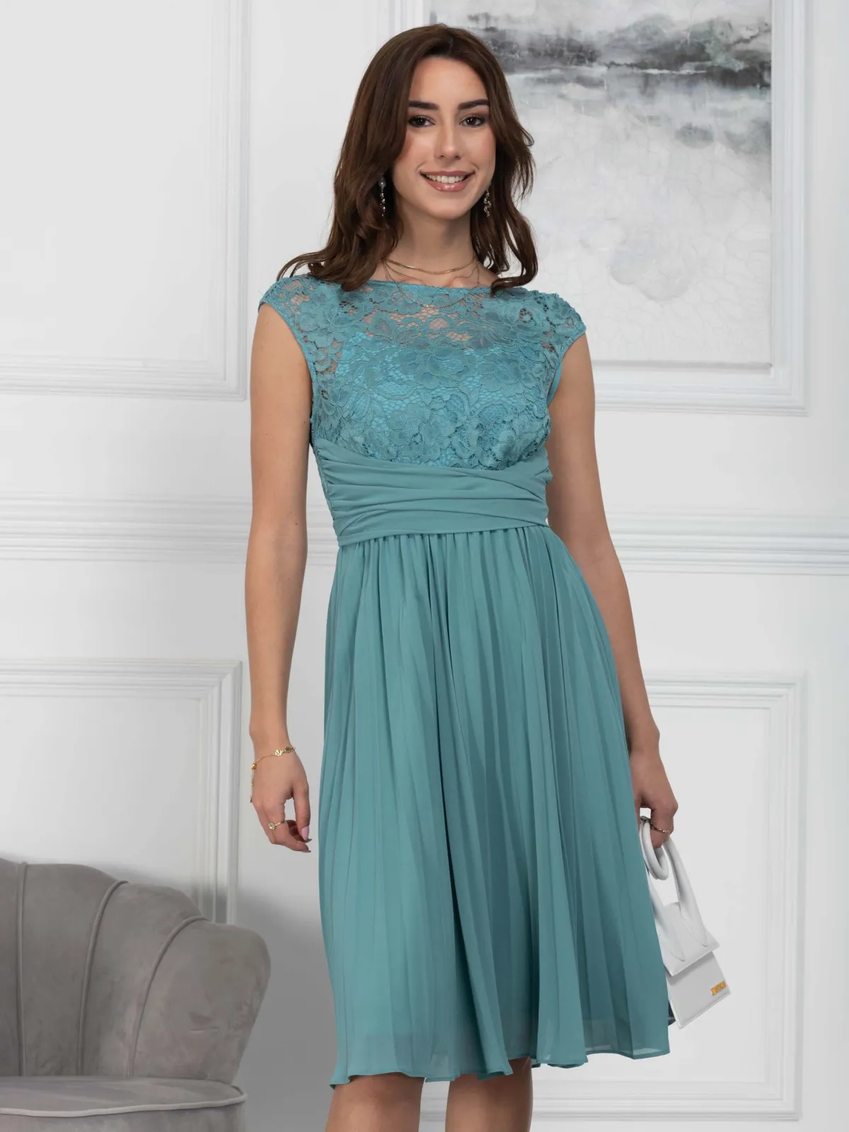 Jolie Moi Occasion Dresses|Mother Of The Bride-Cindy Lace Bodice Pleated Dress, Duck Egg Blue