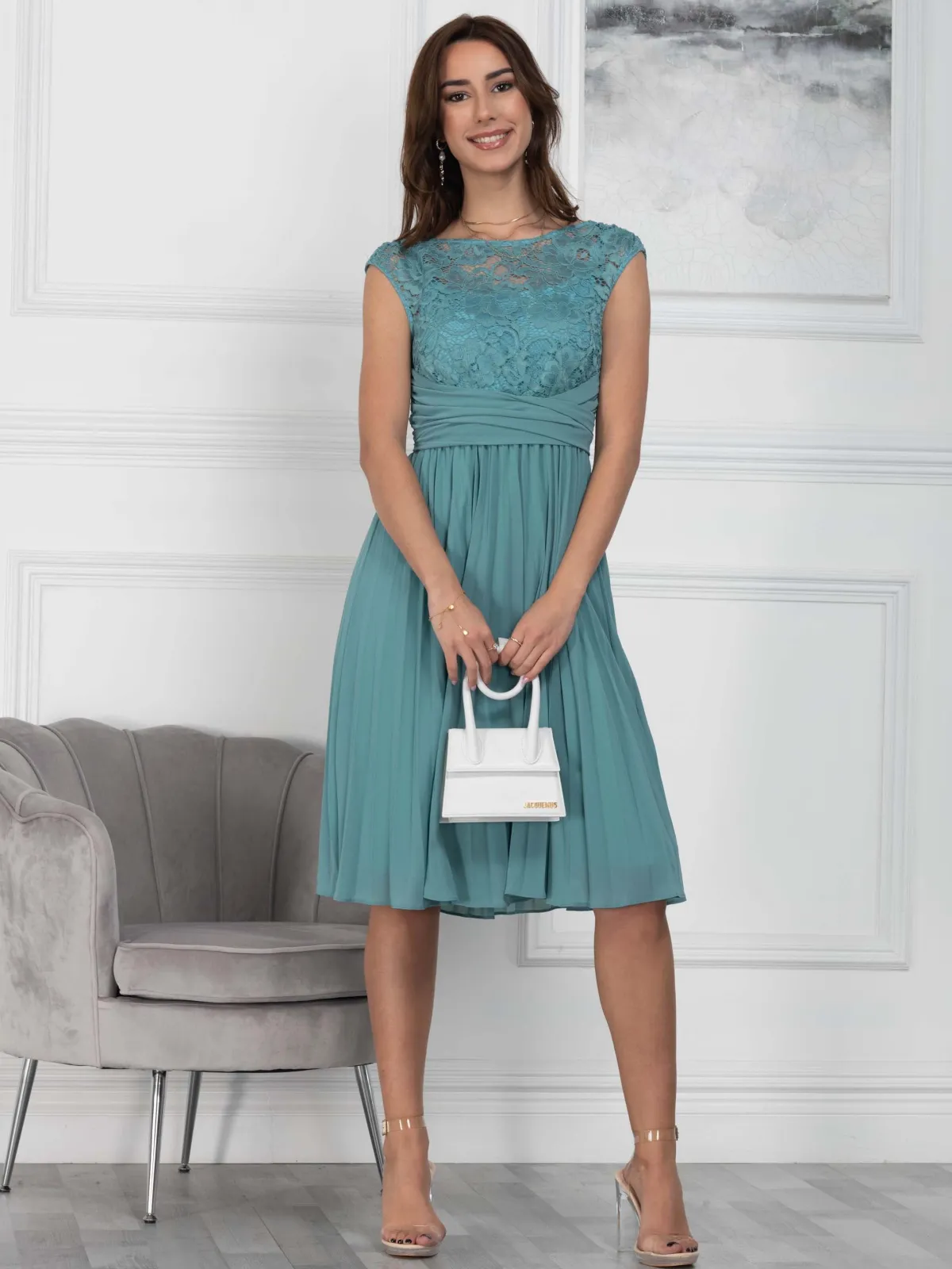 Jolie Moi Occasion Dresses|Mother Of The Bride-Cindy Lace Bodice Pleated Dress, Duck Egg Blue