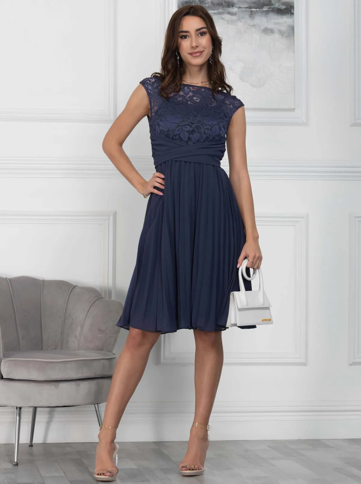 Jolie Moi Occasion Dresses|Signature Lace-Cindy Lace Bodice Pleated Dress, Navy
