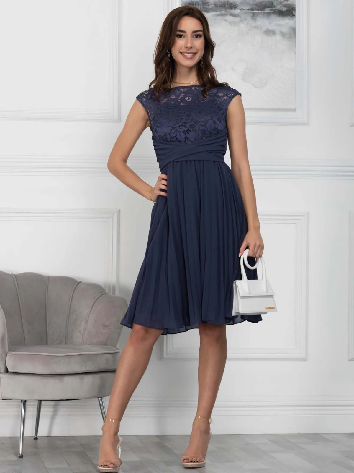 Jolie Moi Occasion Dresses|Signature Lace-Cindy Lace Bodice Pleated Dress, Navy