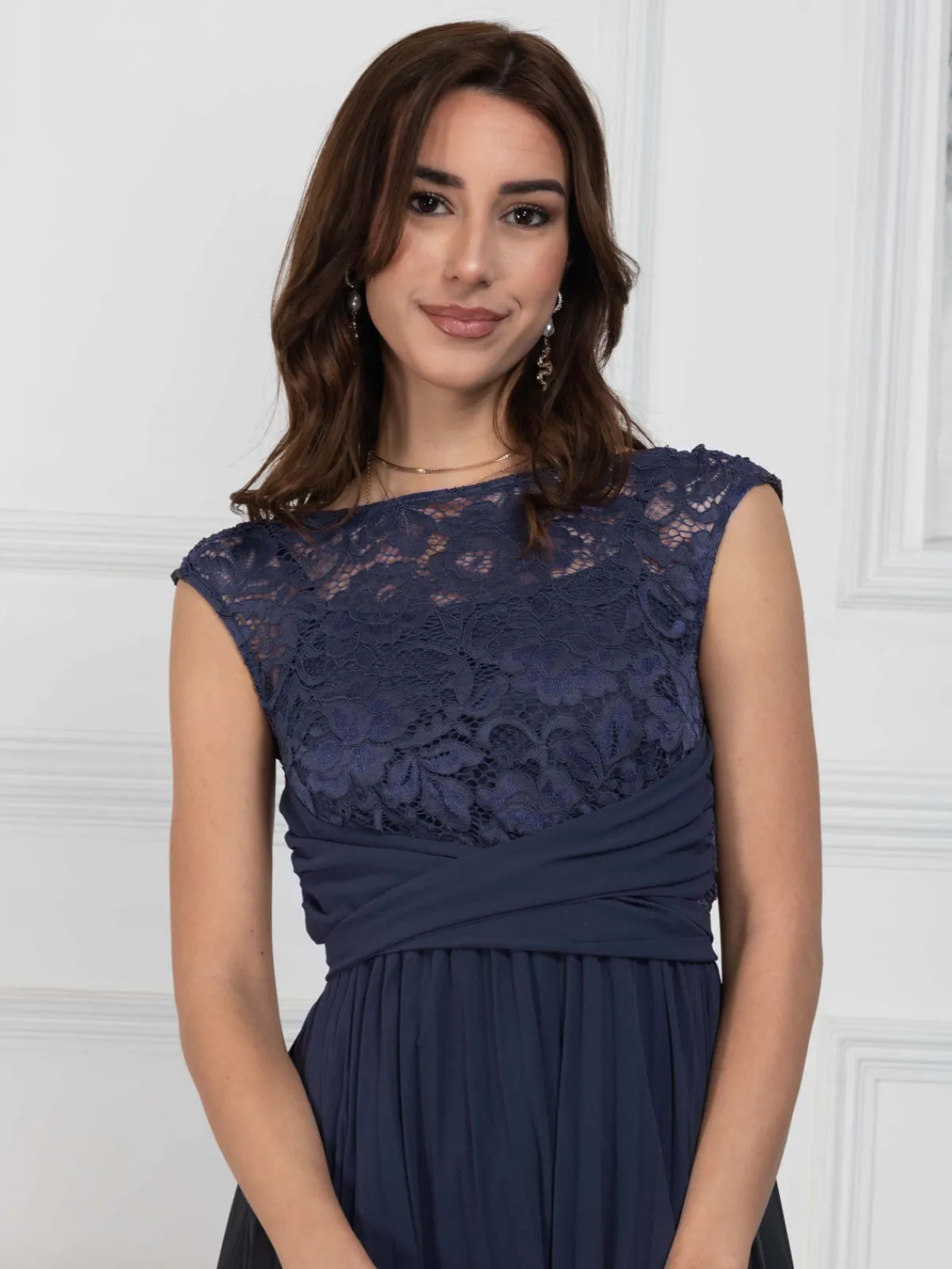 Jolie Moi Occasion Dresses|Signature Lace-Cindy Lace Bodice Pleated Dress, Navy