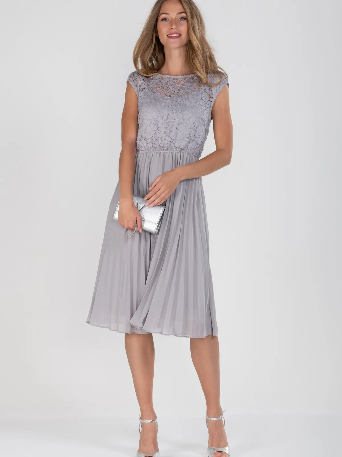 Jolie Moi Occasion Dresses|Mother Of The Bride-Cindy Lace Bodice Pleated Dress, Silver Grey