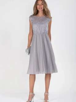 Jolie Moi Occasion Dresses|Mother Of The Bride-Cindy Lace Bodice Pleated Dress, Silver Grey