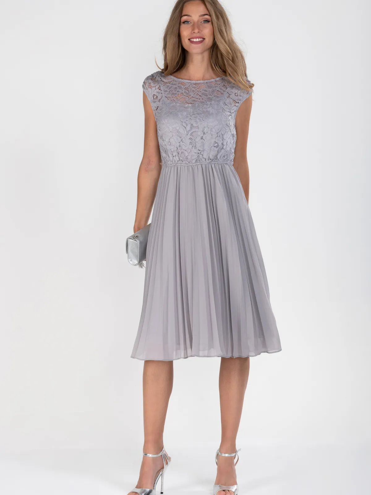 Jolie Moi Occasion Dresses|Mother Of The Bride-Cindy Lace Bodice Pleated Dress, Silver Grey
