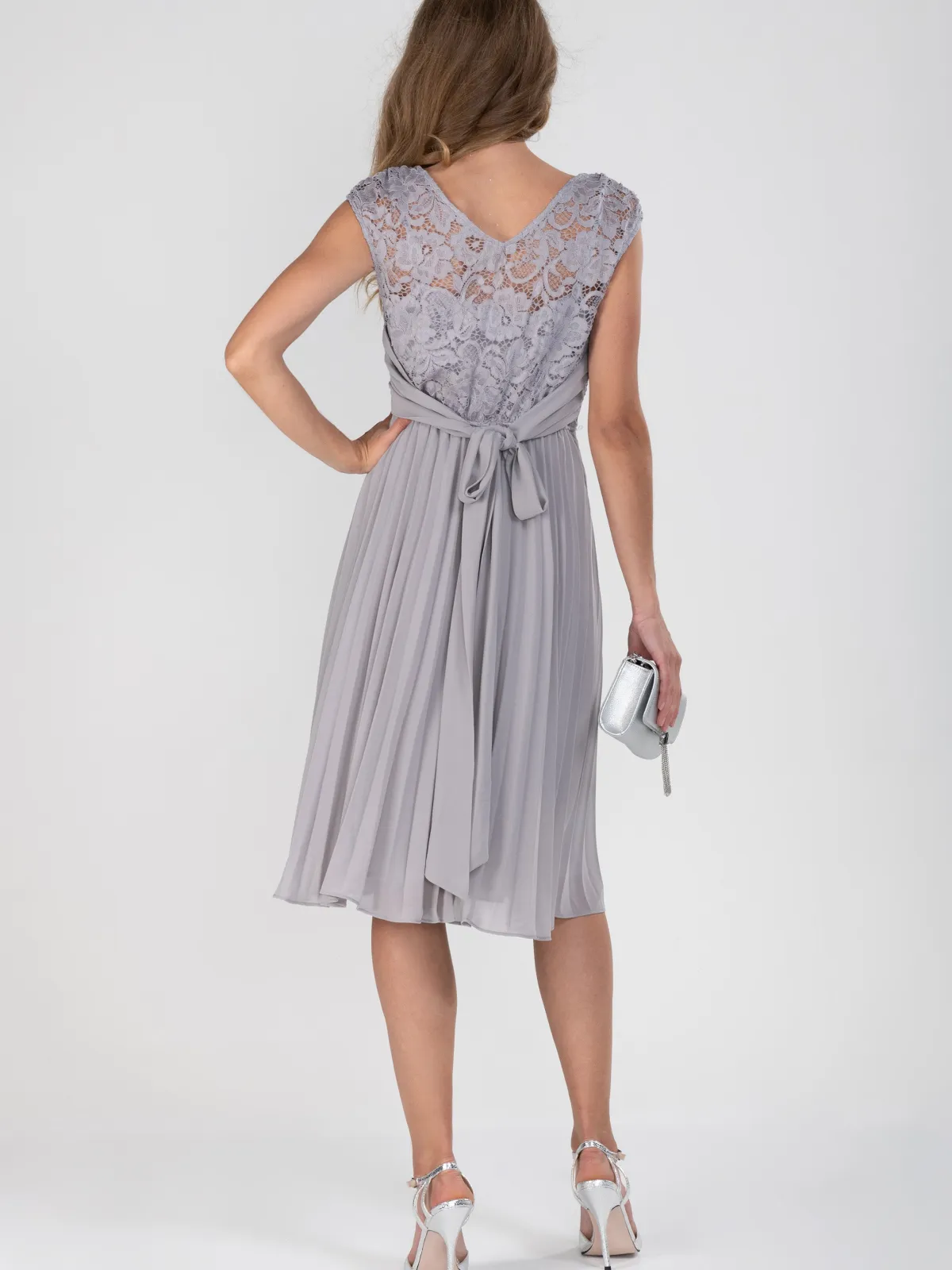 Jolie Moi Occasion Dresses|Mother Of The Bride-Cindy Lace Bodice Pleated Dress, Silver Grey