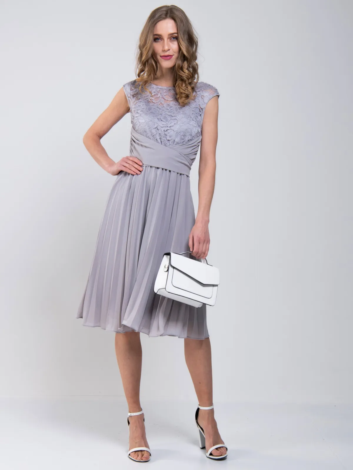 Jolie Moi Occasion Dresses|Mother Of The Bride-Cindy Lace Bodice Pleated Dress, Silver Grey