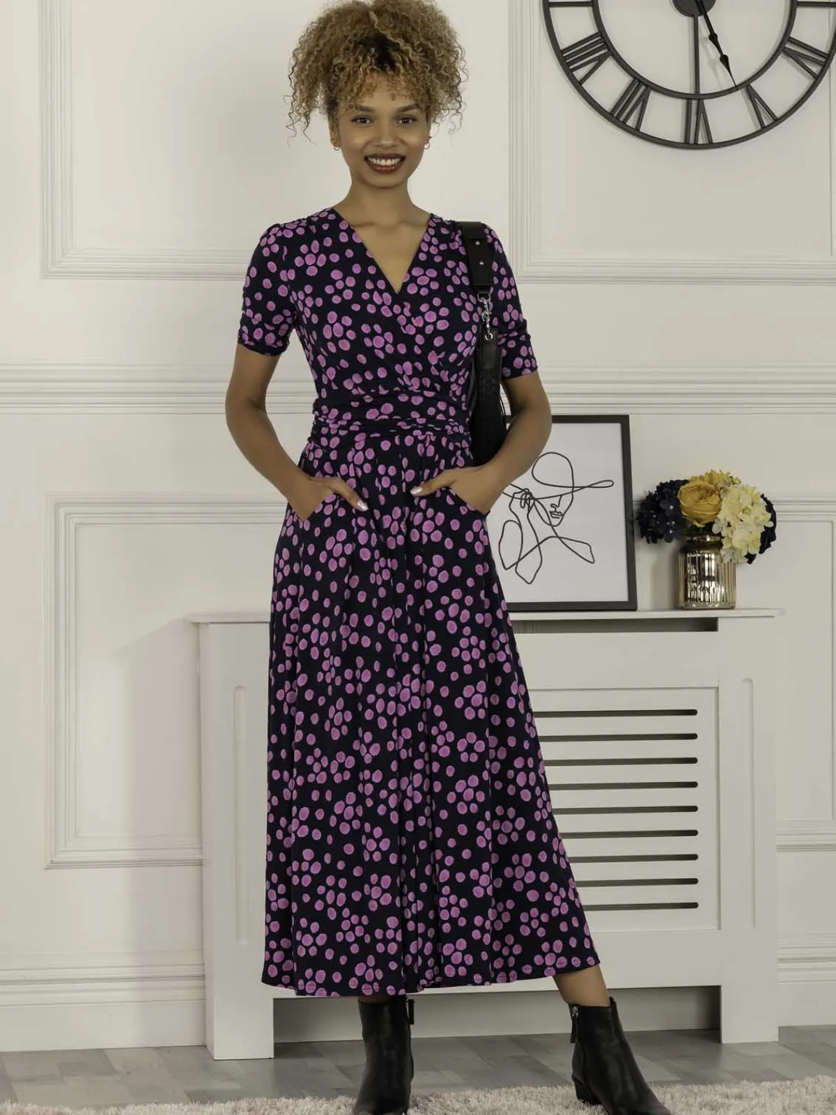 Jolie Moi Occasion Dresses|Jersey Dresses-Coleen Wrap Maxi Dress, Navy Spot