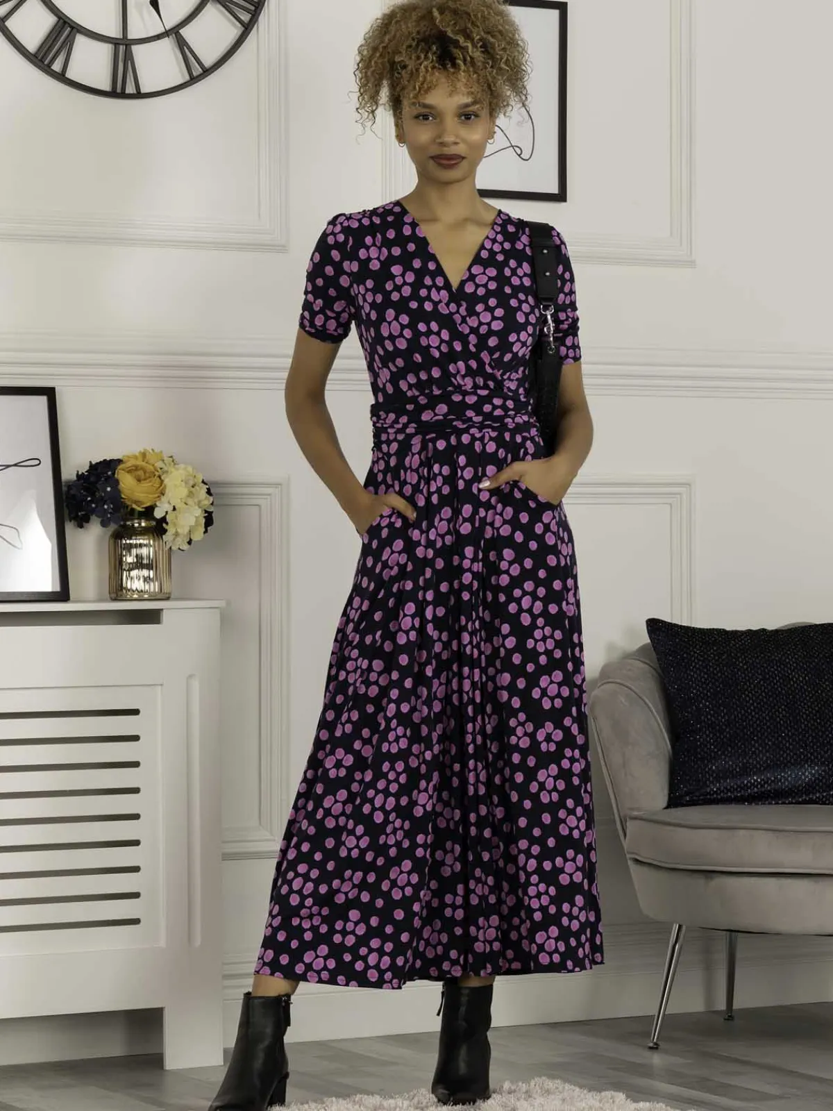 Jolie Moi Occasion Dresses|Jersey Dresses-Coleen Wrap Maxi Dress, Navy Spot