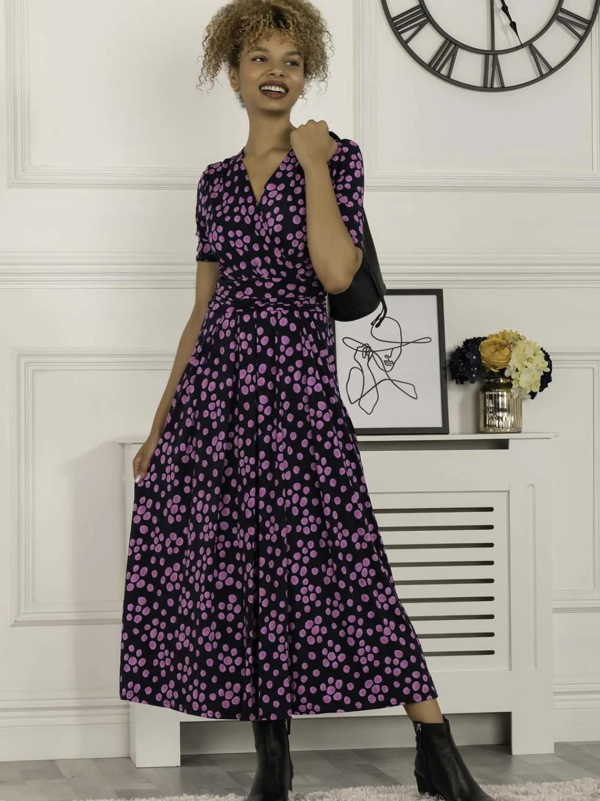 Jolie Moi Occasion Dresses|Jersey Dresses-Coleen Wrap Maxi Dress, Navy Spot