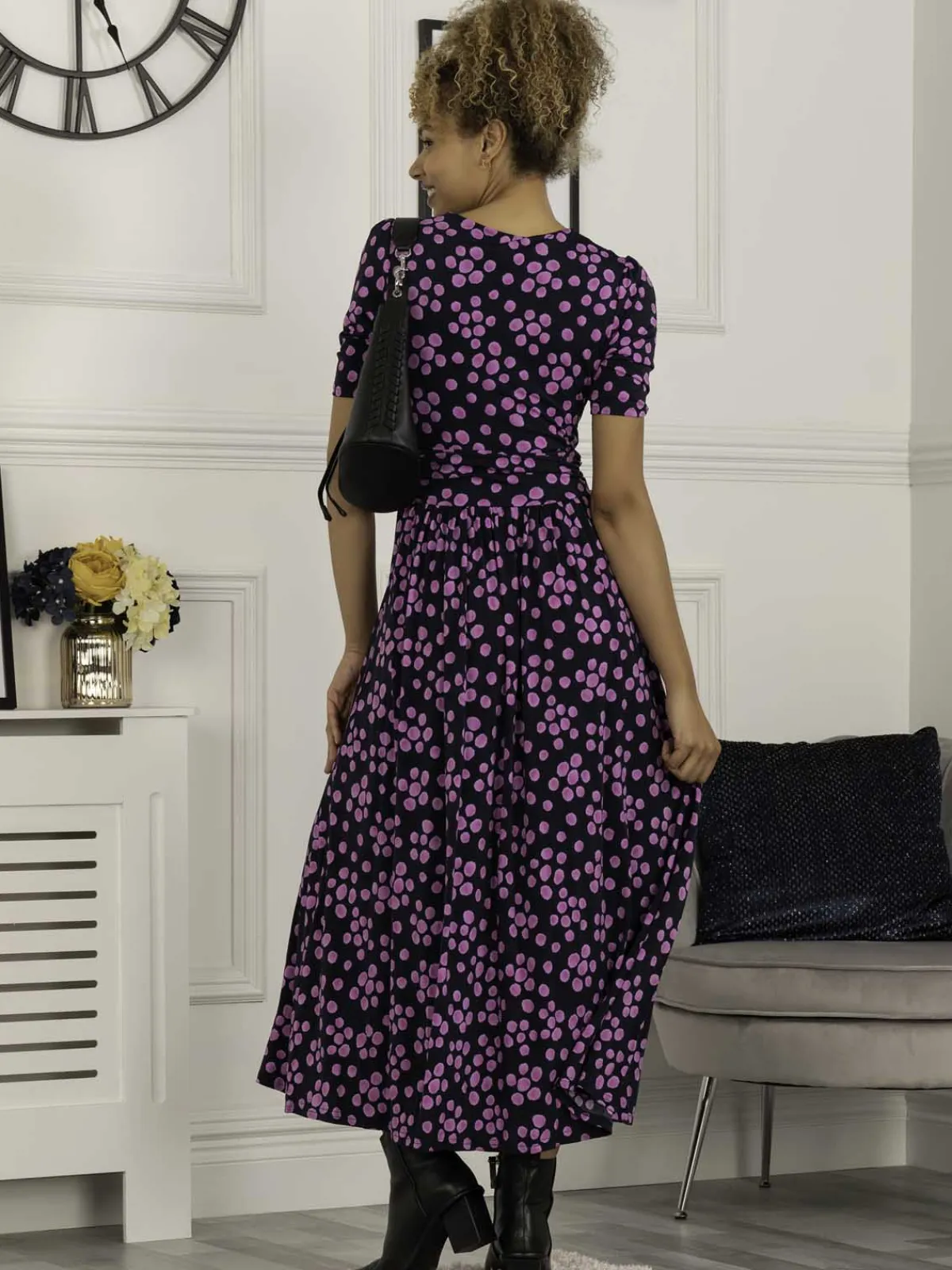 Jolie Moi Occasion Dresses|Jersey Dresses-Coleen Wrap Maxi Dress, Navy Spot