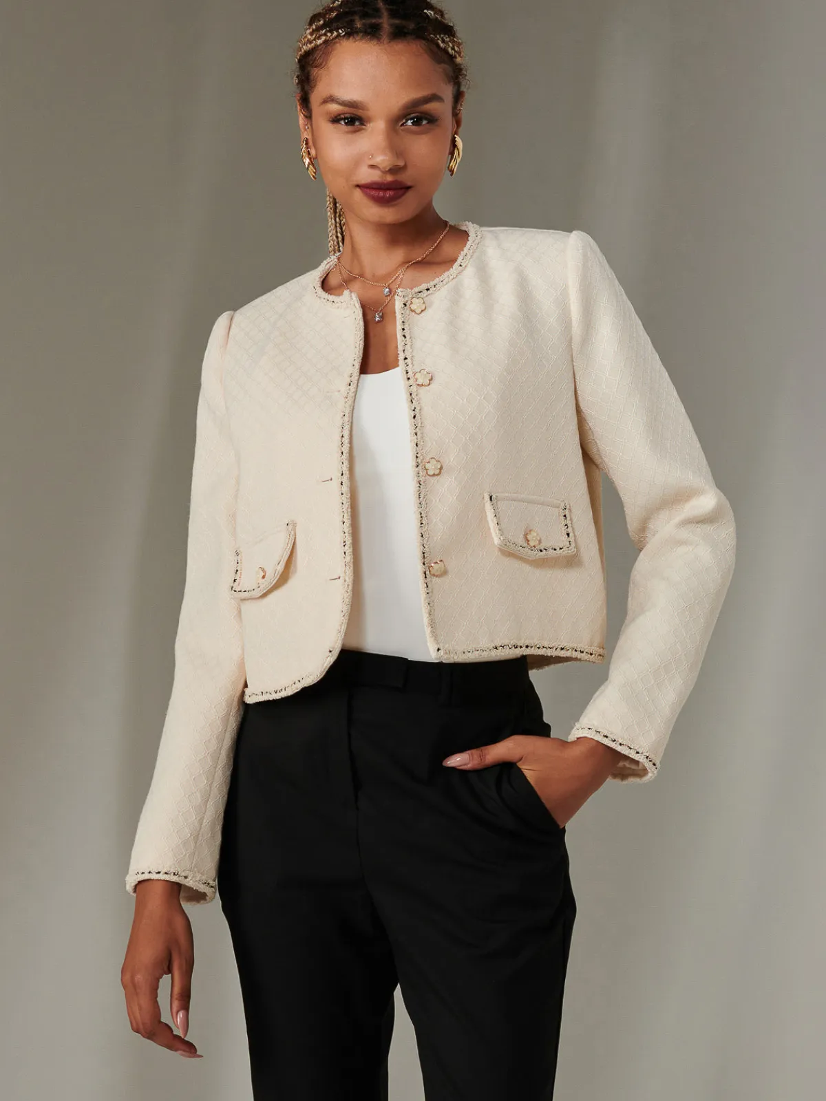 Jolie Moi Coats & Jackets|Blazers-Contrat Tri Tweed Jacket, Oatmeal