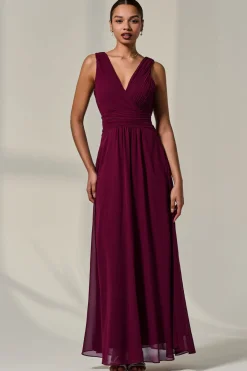Jolie Moi Occasion Dresses|Maxi Dresses-Cora Sleeveless Chiffon Maxi Dress, Burgundy